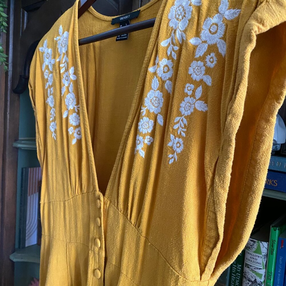 Forever 21 Mustard Yellow Embroidered Button-Front Mini Dress Size L - Picture 5 of 10